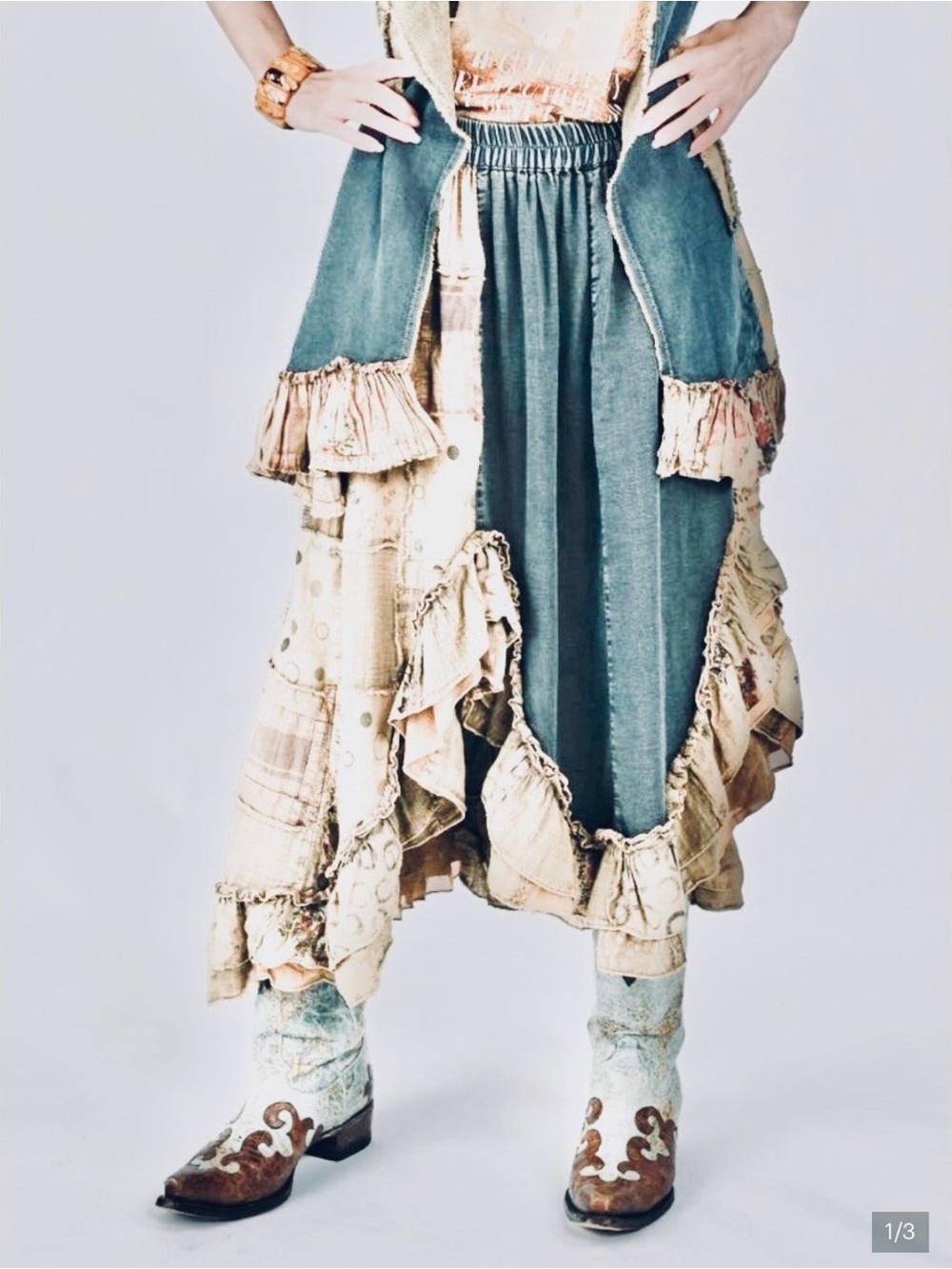 Boho Layered Patchwork Skirt in Olive & Dark Teal